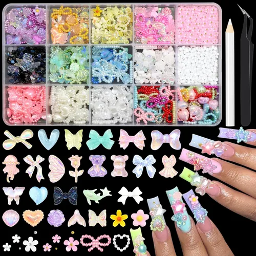Miniatura 9 de RODAKY 1000 dijes de uñas con lazo, lazo rosa y blanco, corazón, estrella, coqueta, decoración de uñas, cuentas de perlas con parte trasera plana