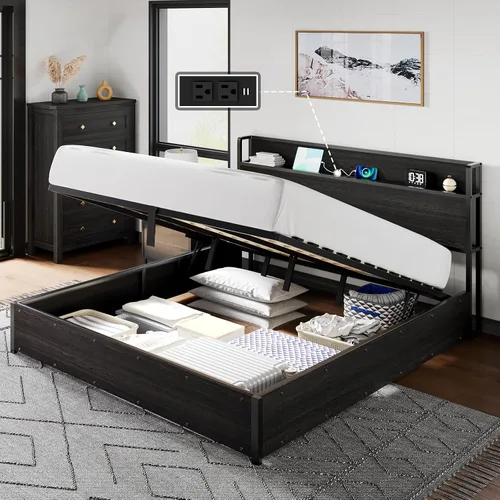 Miniatura 13 de AMERLIFE Marco de Cama de Almacenamiento Elevable Tamaño Completo, Marco de Cama de Plataforma de Madera con Almacenamiento Elevable y Estación