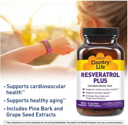 Miniatura 3 de Country Life Resveratrol Plus 1000mg - Suplemento antioxidante orgánico con corteza de pino y extractos de semillas de uva, vegano, sin gluten, sin