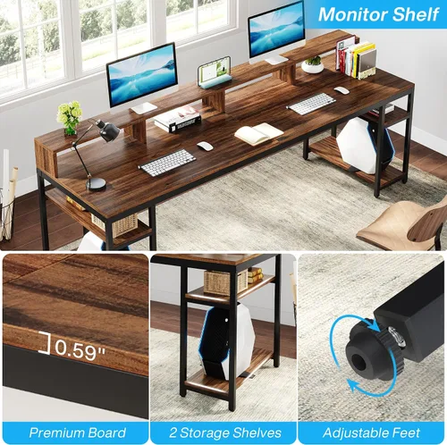 Miniatura 7 de Tribesigns Escritorio para Dos Personas con Soporte para Monitor, Escritorio de Oficina Doble para Computadora de 78.74" de Largo con Estantes