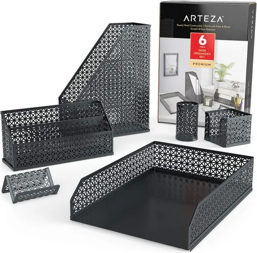 Miniatura 2 de ARTEZA Juego organizador de escritorio, 6 piezas, gris oscuro, incluye vaso para lápices, clasificador de cartas, bandeja, soporte para revistas