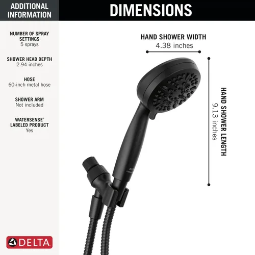 Miniatura 6 de Delta Grifo de ducha de mano de 5 ajustes, cabezal de ducha negro con manguera, cabezales de ducha y duchas de mano, cabezales de ducha de mano