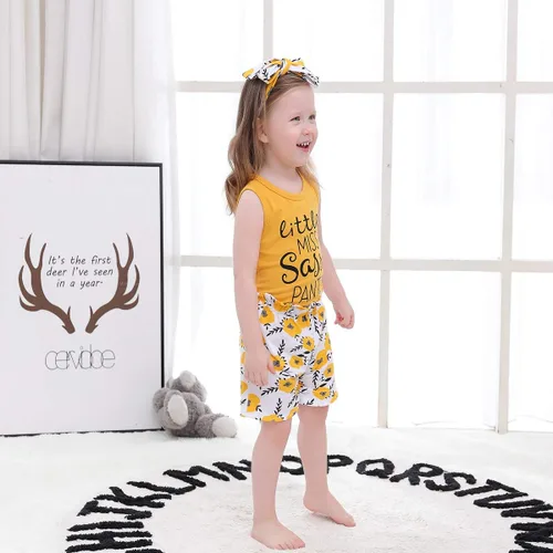 Miniatura 5 de PigMaMa Conjunto de ropa para bebé niña de 3 piezas, sin mangas, camiseta sin mangas, pantalón de flores, diadema