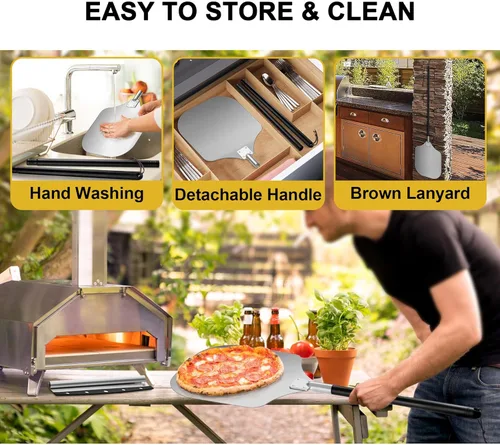 Miniatura 7 de Joyfair - Espátula de aluminio para pizzas (12 pulgadas), pala de pizza de metal con mango largo y cortador, juego de herramientas de torneado