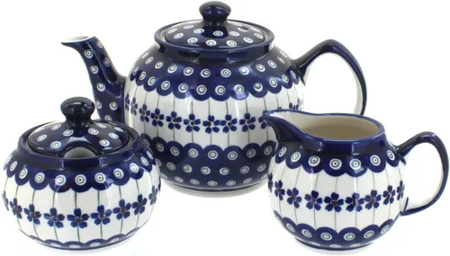 Miniatura 5 de Juego de té pequeño de tres piezas de pavo real de cerámica polaca de rosa azul