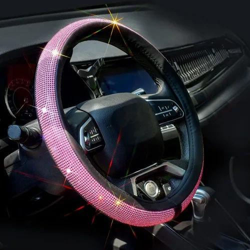 Miniatura 13 de Nueva funda de volante de cuero con diamantes de imitación y cristales brillantes, protector de rueda de auto de 15 pulgadas de ajuste universal