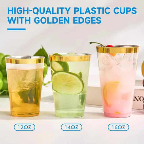 Miniatura 8 de RACETOP Paquete de 200 vasos de plástico desechables de 14 onzas con borde dorado, vasos de plástico desechables con borde dorado para fiestas