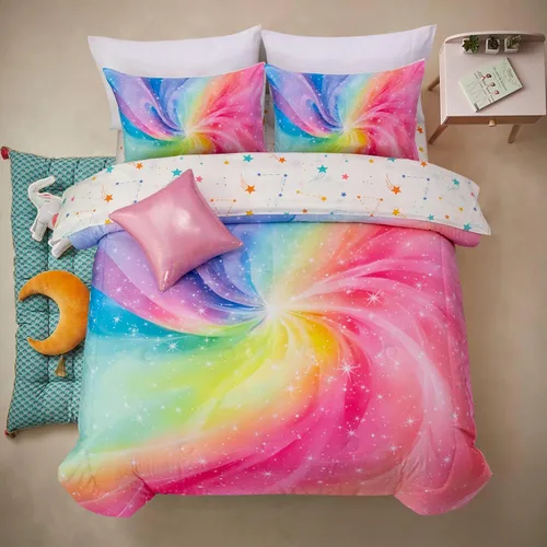 Miniatura 12 de A Nice Night Juego de ropa de cama de 6 piezas en una bolsa Juego de edredón Tie Dye Galaxy para niños, patrón de espiral psicodélico colorido Rosa