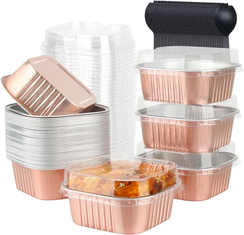 Miniatura 18 de LNYZQUS - Juego de 40 moldes de aluminio para brownies de 10 oz, ramequines desechables cuadrados de 10 cm x 10 cm con tapas, moldes pequeños