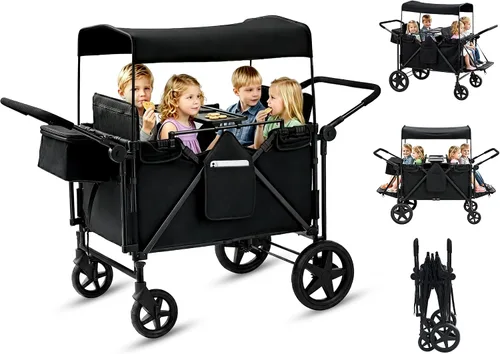 Miniatura 10 de Cochecito para 4 niños, cochecito de 4 plazas con 4 asientos altos con arneses de 5 puntos y toldo ajustable, cochecito plegable de doble barra