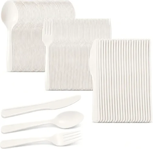 Miniatura 7 de Juego de utensilios desechables, 150 unidades (50 tenedores, 50 cucharas, 50 cuchillos), cubiertos de plástico resistentes, cubiertos desechables