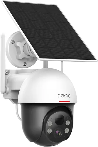 DEKCO Cámara de Seguridad Solar Inalámbrica para Exteriores, Alimentada por Batería, Zoom Pan Tilt Panorámico, Seguimiento Automático de Movimiento,