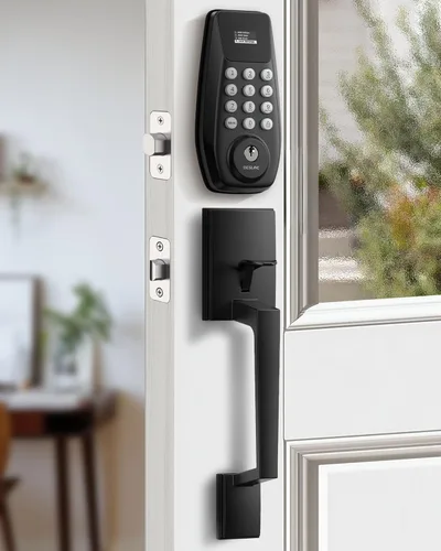 DESLOC C100 - Cerradura de puerta de entrada sin llave con asa, cerradura inteligente para puerta delantera con 2 llaves, bloqueo automático, 100