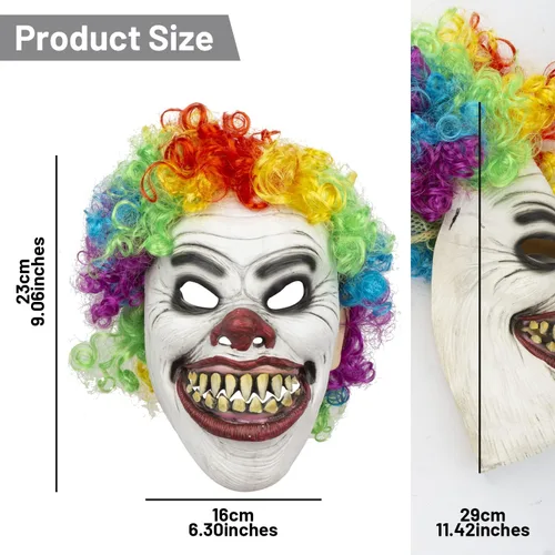 Miniatura 5 de PartyHop Máscara de payaso con peluca de látex de mandíbula móvil de cabeza completa, máscara de terror aterrador, vestido elegante para Halloween