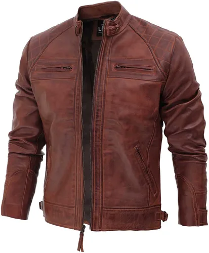 fjackets Chaqueta de motociclista de piel de cordero real - Chaquetas de moto acolchadas Cafe Racer con cremallera para hombre