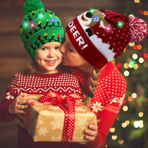 Miniatura 5 de Geyoga Sombrero de suéter de Navidad con luces LED, gorro de punto, gorro de invierno unisex