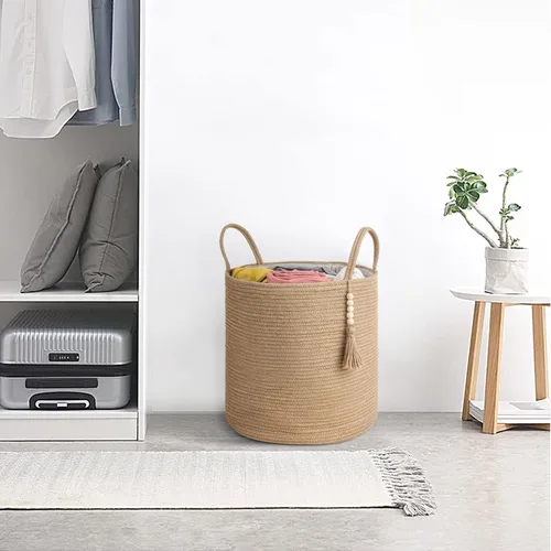 Miniatura 4 de Mkono Cesta Alta de Mimbre para Ropa Sucia Cesta de Almacenamiento Tejida Cesta Decorativa de Cuerda Natural Decoración de Cuentas de Madera