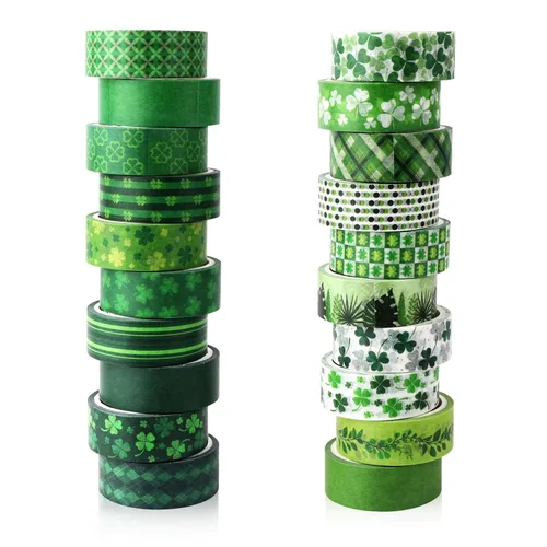 Juego de cinta decorativa verde de 20 rollos de cinta washi del día de San Patricio para trébol de la suerte, cinta adhesiva para bricolaje del día