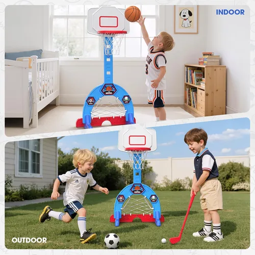 Miniatura 6 de HYES Aro de baloncesto para niños pequeños, centro de actividades deportivas 3 en 1 con portería de fútbol, juego de golf, aro de baloncesto