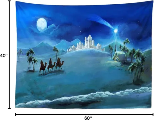 Miniatura 7 de BELECO Tapiz de noche de Navidad para colgar en la pared, tapiz de nacimiento de Jesús, tapiz de desierto, camello del desierto, palacio, castillo