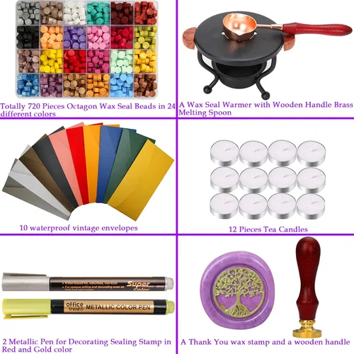 Miniatura 3 de YIPLED - Kit de sellos de cera, 24 colores, 748 cuentas de cera de sellado con sello de cera, velas de té, calentador de sellos, cuchara derretida