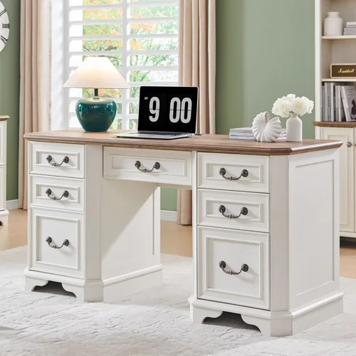 Miniatura 17 de T4TREAM - Escritorio ejecutivo de 59" estilo granja con estante superior, escritorio de madera para oficina en casa, con bandeja para teclado