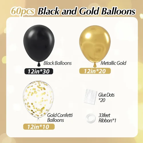 Miniatura 2 de Globos negros y dorados, 60 unidades de 12 pulgadas, globos de confeti negros metálicos dorados para decoraciones de graduación, aniversario 2025