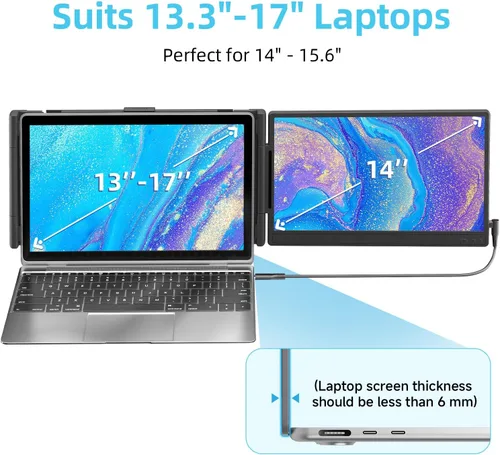 Miniatura 9 de Extensor de pantalla para laptop de 14" - Extensor de monitor IPS FHD 1080P de pantalla dual, monitor portátil para laptops de 13-17" con puerto