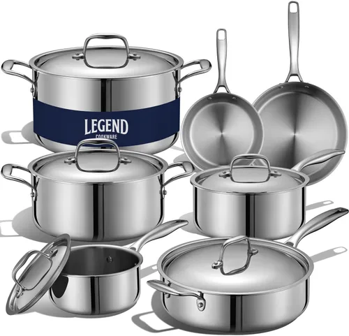 LEGEND COOKWARE Juego de utensilios de cocina de acero inoxidable de 5 capas, juego de ollas y sartenes de 12 piezas, compatible con inducción, apto