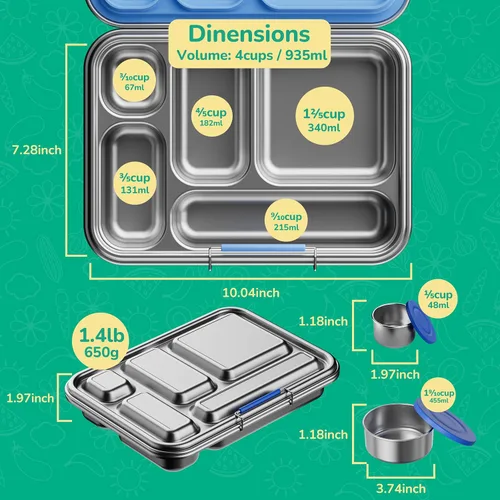 Miniatura 4 de AOHEA Caja Bento de Acero Inoxidable para Niños, Caja de Almuerzo Bento de Metal para Niños Libre de BPA Contenedores de Caja de Almuerzo Acero