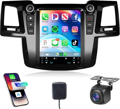 Rimoody Radio estéreo de coche Android 4G+64G para Toyota Fortuner Hilux 2005-2014, CarPlay inalámbrico Android Auto 9.7 pulgadas pantalla táctil