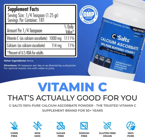 Miniatura 2 de C-Salts Polvo de vitamina C de ascorbato de calcio puro, bebida en polvo tamponada no ácida sin azúcar para apoyo inmunológico, protección