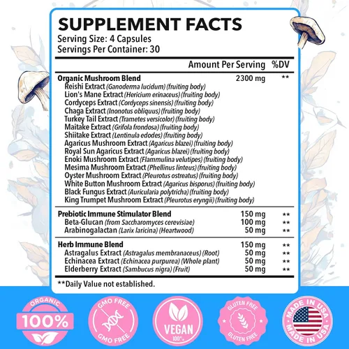 Miniatura 2 de Suplemento de hongos de 2600 mg, complejo de hongos 20 en 1, con melena de león, cordyceps, reishi, cola de pavo, Chaga - Suplementos cerebrales