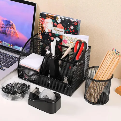 Miniatura 9 de SKYDUE Suministros de oficina negros, organizador de escritorio de malla, grapadora, dispensador de cinta, tijeras, carpeta/clips de papel y 1000