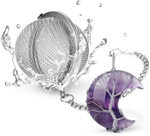 Infusor de té, colador de té, difusor de té para té suelto, amatista, árbol de la vida, envuelto en alambre, colgante de luna creciente envuelto en