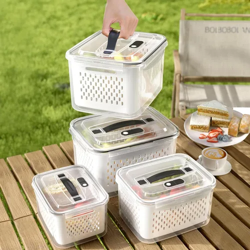 Miniatura 2 de Paquete de 4 recipientes grandes de almacenamiento de frutas para refrigerador con orificios de ventilación y asa, recipientes herméticos