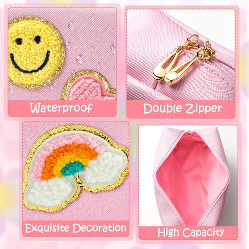 Miniatura 4 de LieToi Preppy Patch - Bolsa pequeña de aseo personal, piel sintética, portátil, impermeable, para maquillaje, bolsa de almacenamiento para uso Rosa