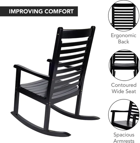 Miniatura 5 de Silla mecedora de madera moderna de Shine Company, balancín de porche ergonómico de asiento ancho, color negro