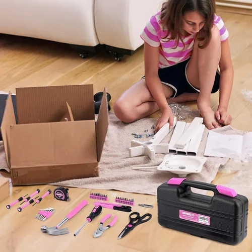 Miniatura 8 de URASISTO Juego de herramientas para el hogar de 40 piezas con caja de transporte fácil, juego de herramientas manuales básicas pequeño, perfecto Rosa
