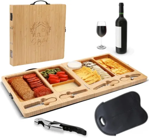 Miniatura 9 de Tabla de charcutería – Tabla grande de queso de bambú con juego de cuchillos magnéticos – Plato de queso de madera – Tabla de charcutería plegable