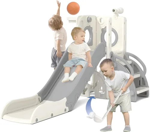 Miniatura 14 de KORIMEFA Tobogán infantil 7 en 1, tobogán infantil para bebés de 1 a 3 años, para interiores y exteriores, con aro de baloncesto y juego de golf