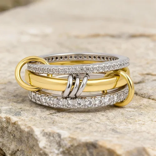 Miniatura 3 de Anillos apilables para mujer, chapados en oro de 18 quilates, juego de 3 anillos con circonita cúbica, juego de anillos plateados y dorados