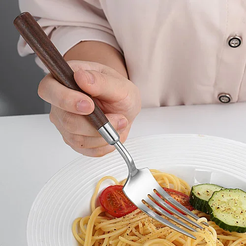 Miniatura 6 de Juego de cubiertos para 4, 16 piezas de cubiertos de acero inoxidable con mango de madera, incluye cuchillo para carne, tenedor y cuchara, juego