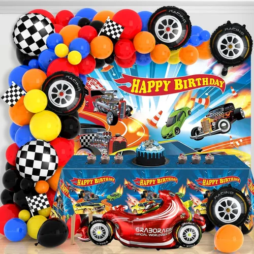 134 piezas de suministros de fiesta de cumpleaños de coches de carreras, guirnalda de globos, kit de arco de telón de fondo, mantel de camión