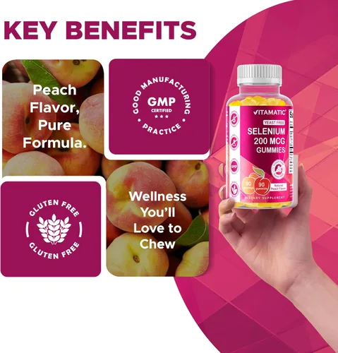 Miniatura 5 de Vitamatic Gomitas de selenio sin levadura de 200 mcg como suplemento de selenometionina mineral esencial con absorción superior, 90 gomitas a base