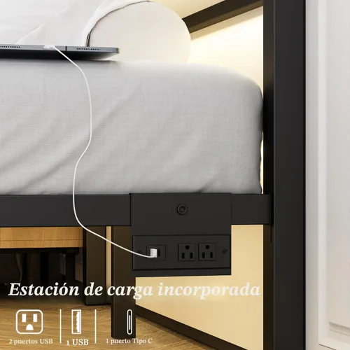 Miniatura 4 de Jenmit - Estructura de cama de tamaño completo con estación de carga y luces LED, estructura de cama de plataforma metálica con cabecera y pie