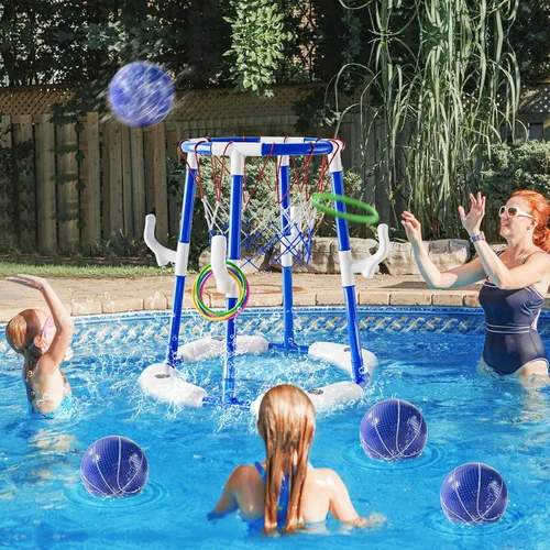 Miniatura 4 de Aro y anillo de baloncesto de piscina 2 en 1 y juegos con 4 pelotas, 12 anillos y bomba, juguetes y juegos de piscina al aire libre de agua