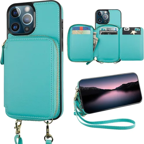 Bocasal Funda tipo cartera con bloqueo RFID para iPhone 13 Pro Max, funda cruzada ajustable con cremallera, tarjetero con función atril y correa de