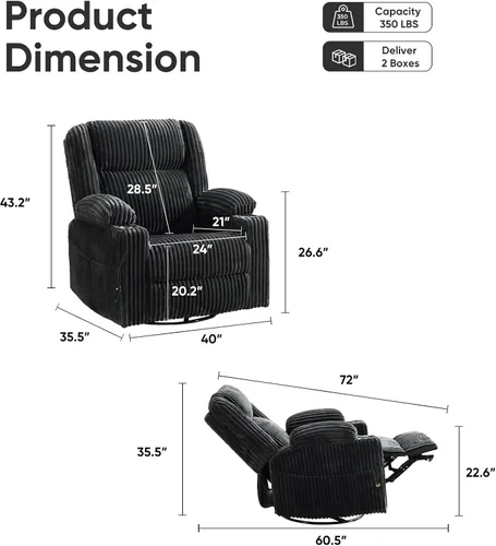 Miniatura 2 de Silla reclinable eléctrica de gran tamaño con masaje y calor, silla reclinable giratoria para adultos con almacenamiento de brazos, sillón Gris