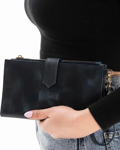 Miniatura 8 de Cartera de cuero genuino para mujer con protección RFID, cartera plegable para teléfono celular, con cremallera, diseño delgado, con múltiples